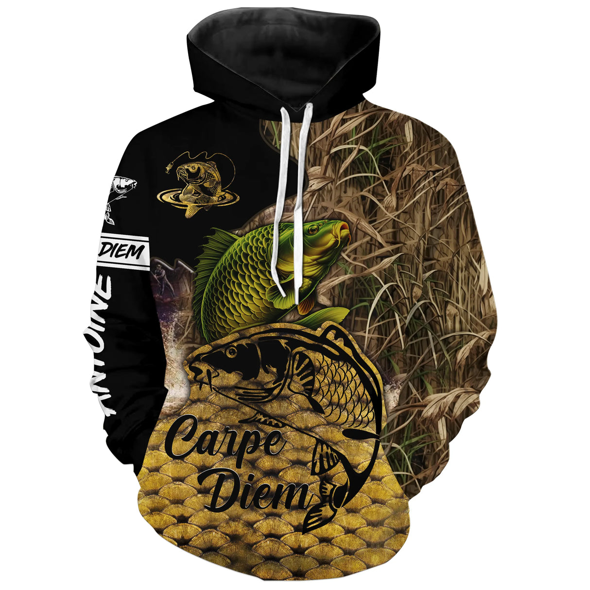 Sweat à capuche all-over pêche carpe Carpe Diem roseaux jaune coupe unisexe enduro