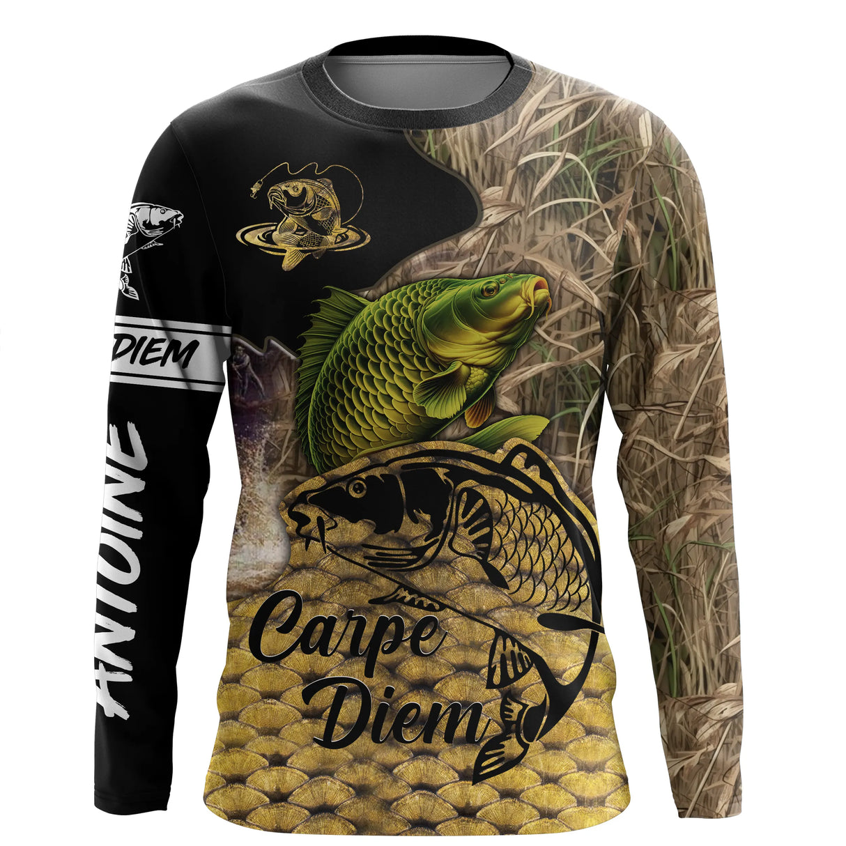 Manches longues anti-UV pêche carpe camouflage roseaux jaune motif Carpe Diem imprimé all-over