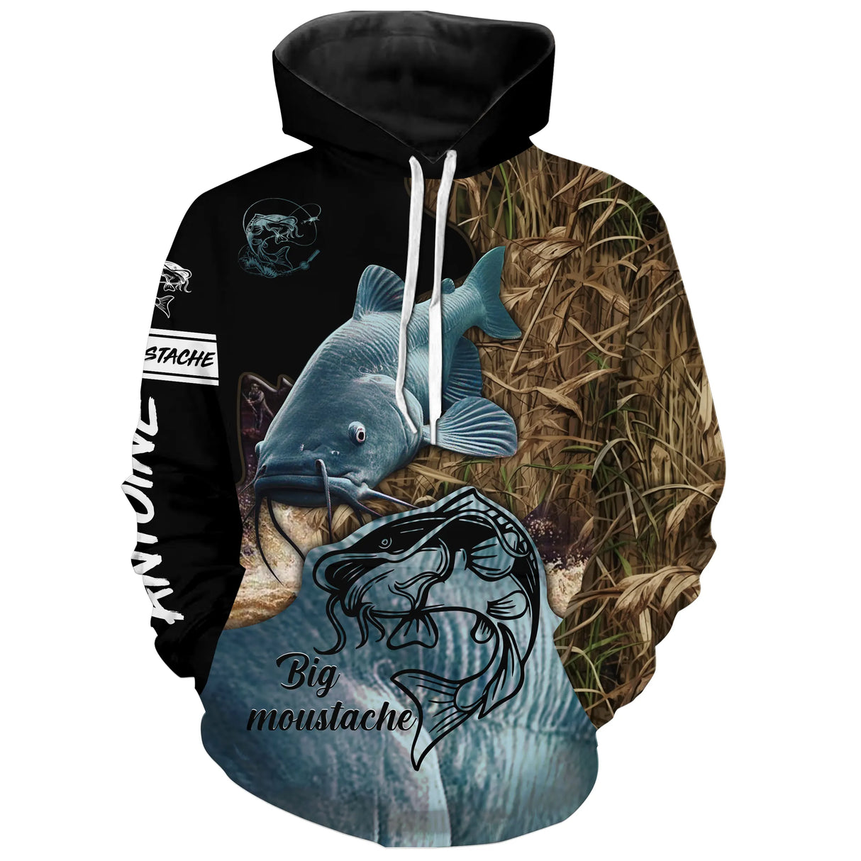 Hoodie pêche silure camouflage roseaux et eau avec impression silure Big Moustache pour silureurs