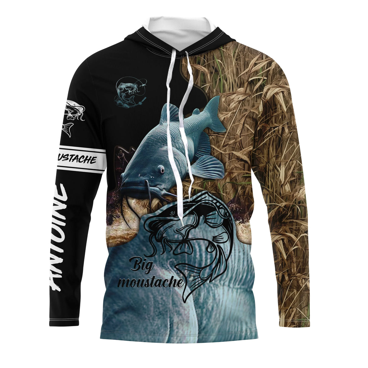 Tenue de pêche silure personnalisée hoodie camouflage roseaux orange et eau bleutée avec silure imposant Big Moustache