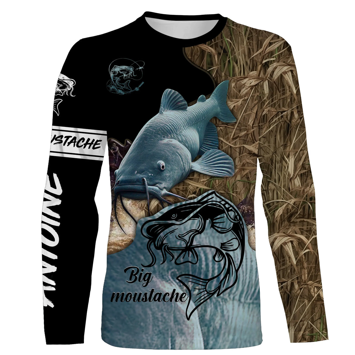 Manches longues pêche silure camouflage roseaux et eau bleutée unisexe motif silure traque géants