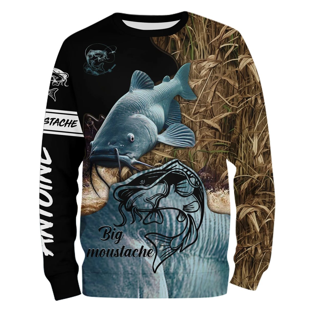 Sweater all-over pêche silure camouflage roseaux manches longues unisexe Big Moustache grands carnassiers