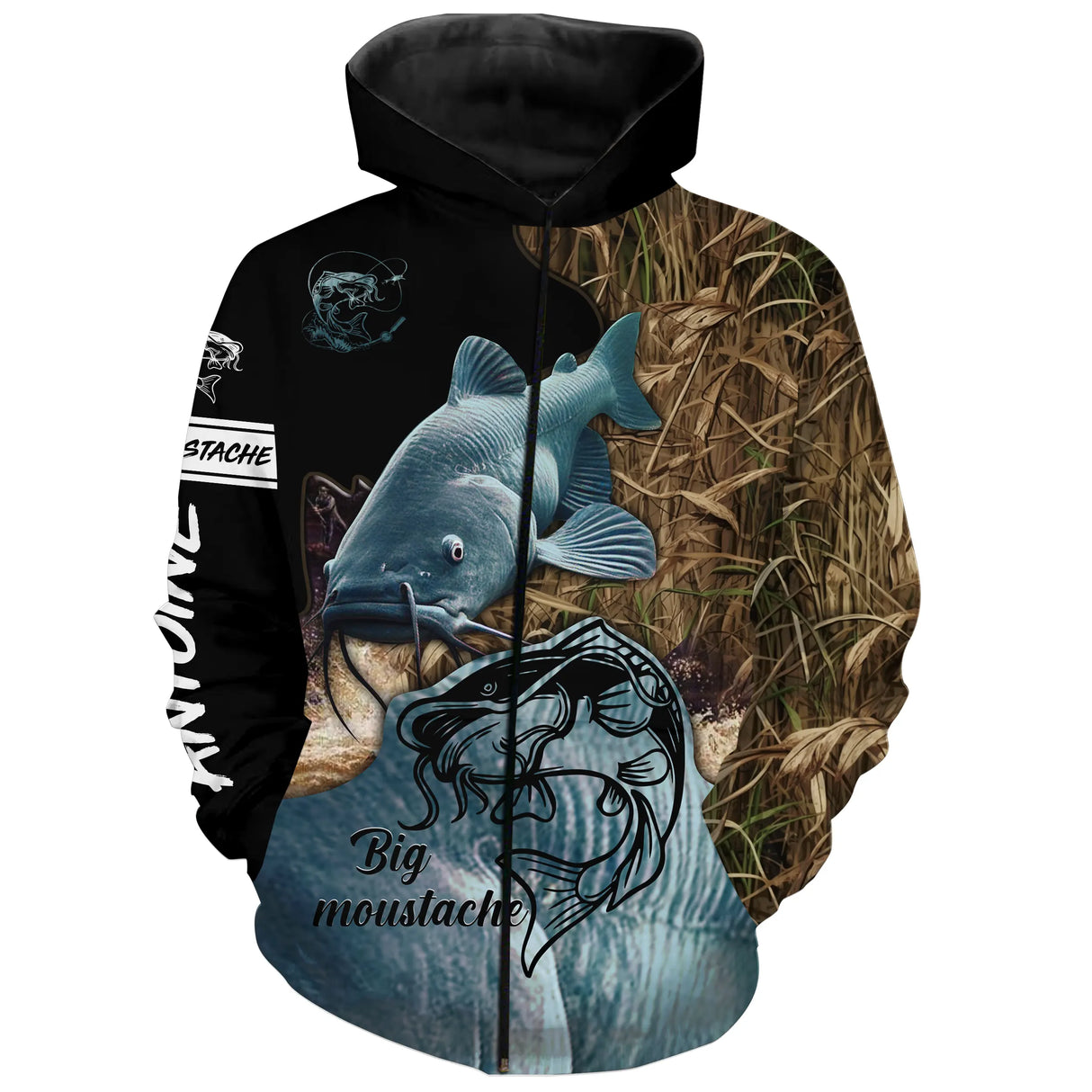 Sweat zippé all-over pêche silure camouflage roseaux coupe unisexe pour traque silures