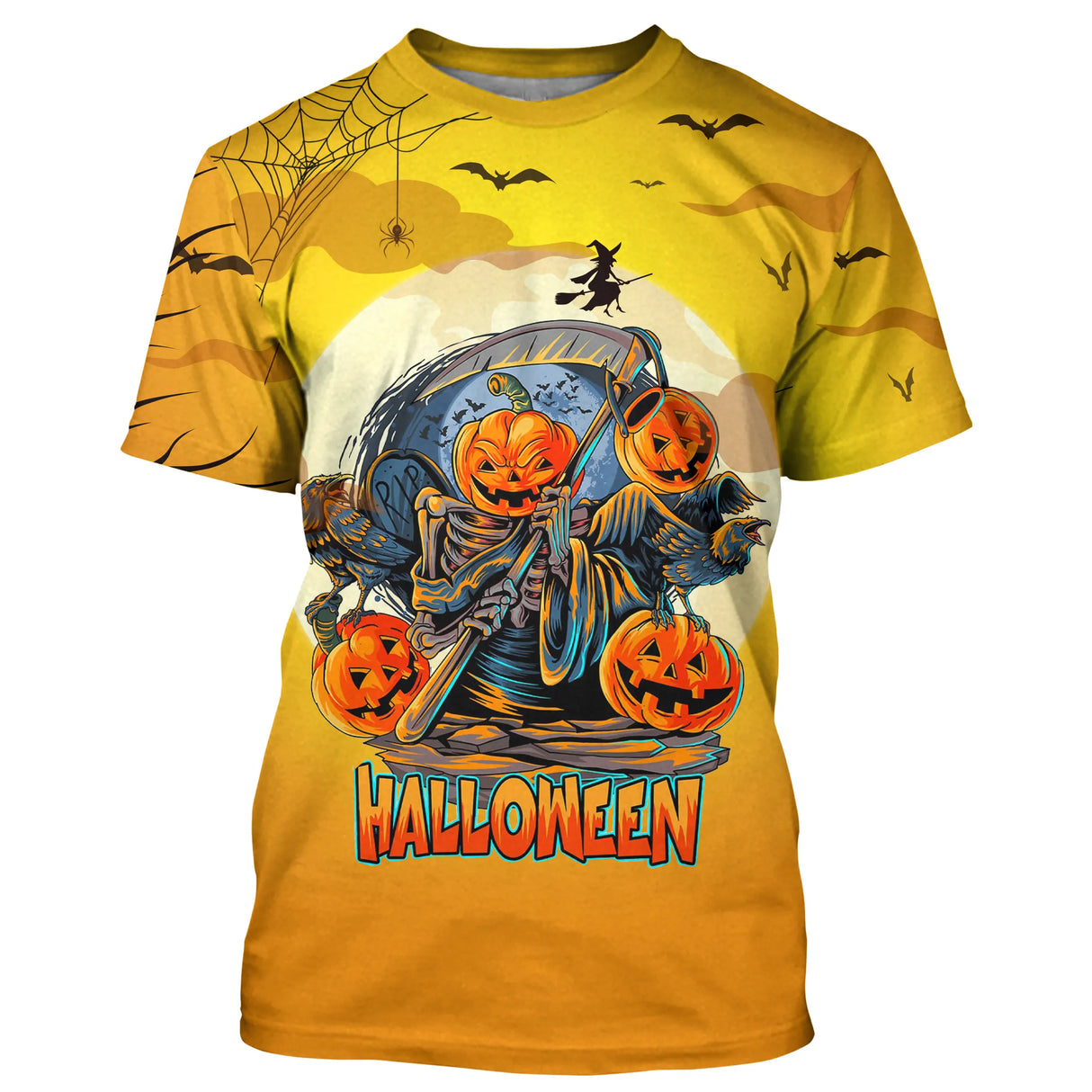T-shirt Halloween 3D unisexe orange avec citrouilles, faucheuse, fantôme et chauves-souris