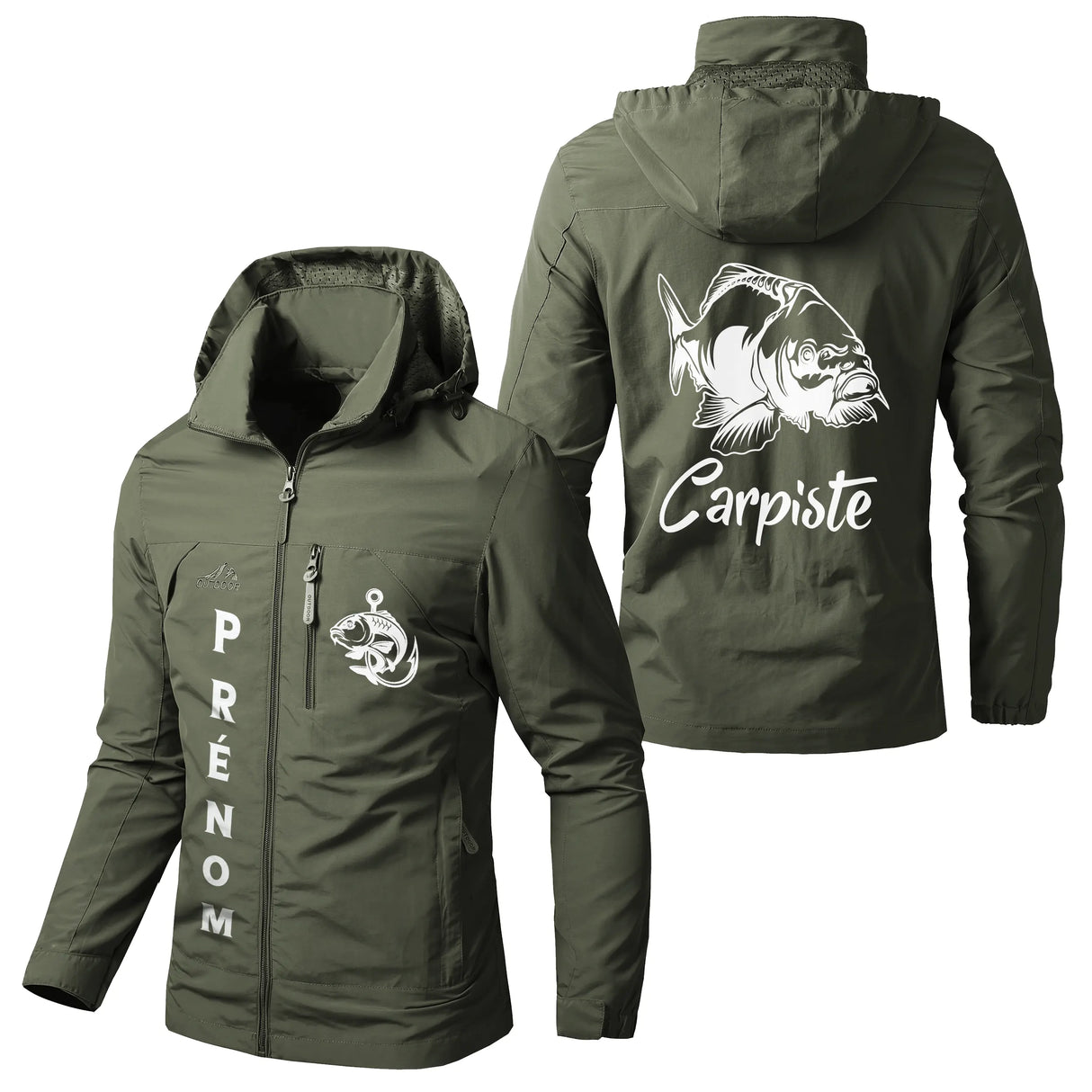 Veste imperméable pêche vert militaire avec capuche, carpe et inscription CARPISTE, prénom et logo torse personnalisés
