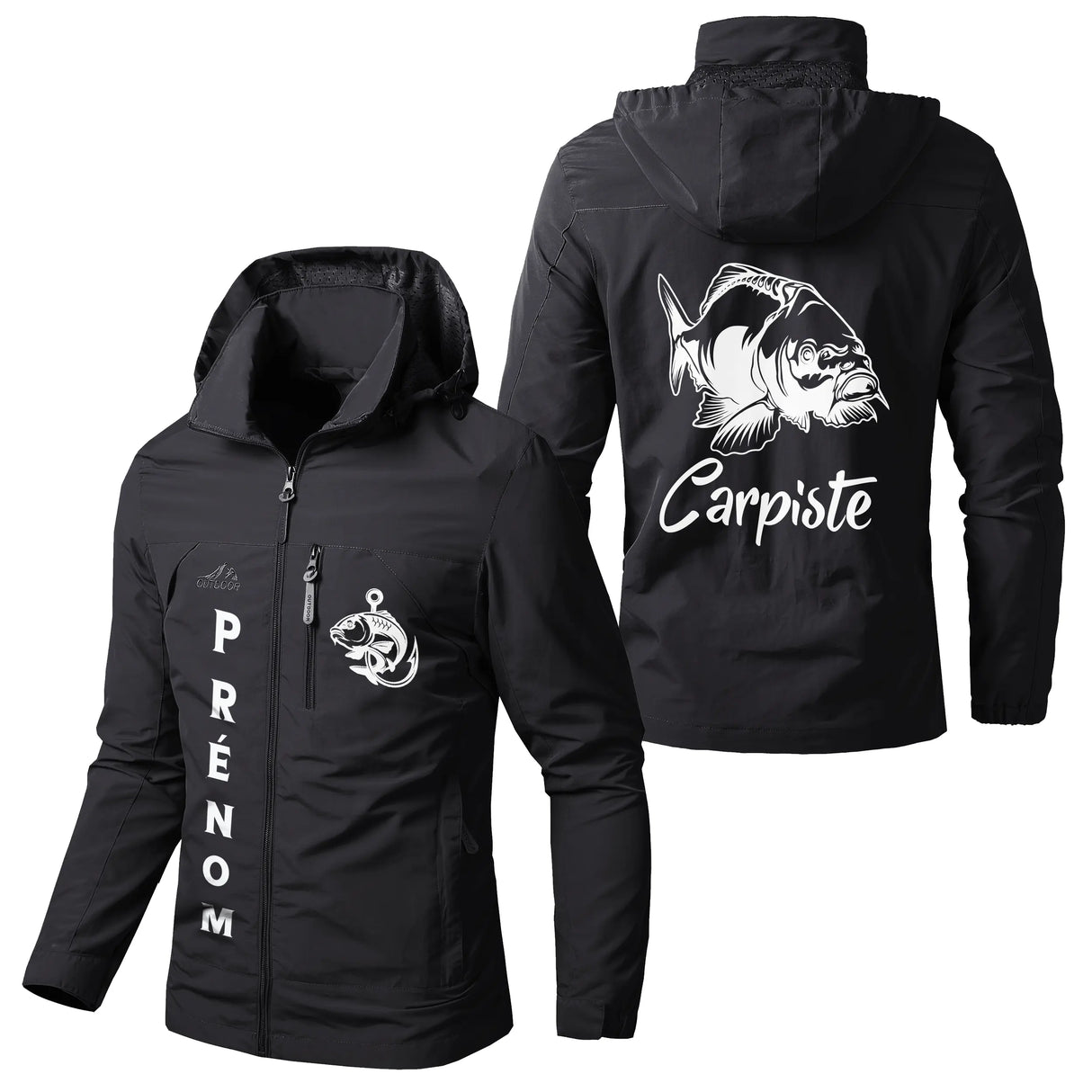 Veste imperméable pêche noire avec capuche, motif carpe et écusson, prénom et logo torse personnalisés