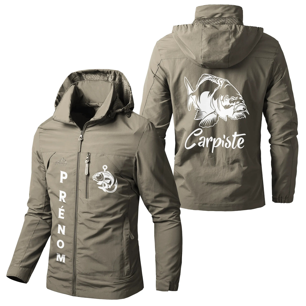 Veste imperméable pêche kaki avec capuche, illustration carpiste et carpe, prénom et logo torse personnalisés