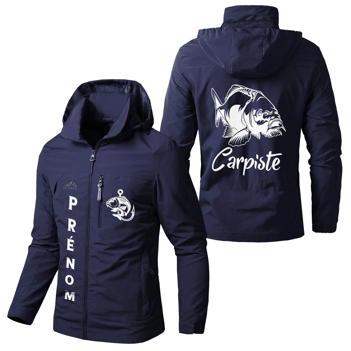Veste imperméable pêche marine avec capuche, motif carpe et CARPISTE, prénom et logo torse personnalisés