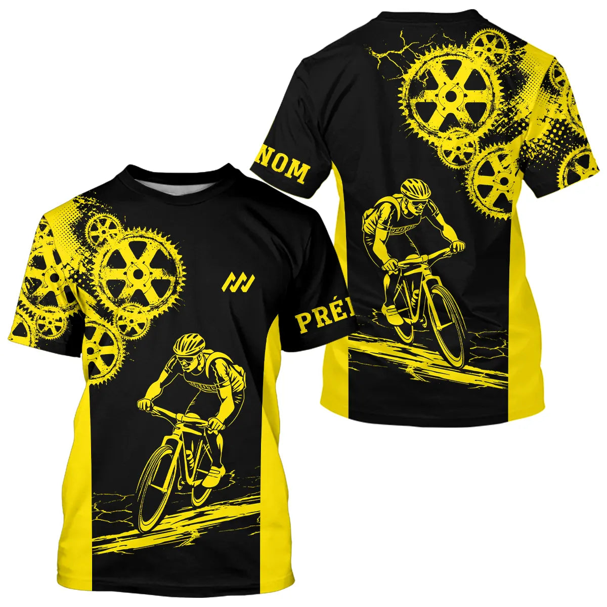 Maillot cyclisme jaune et noir all-over homme avec engrenages et cycliste en action, prénom personnalisé