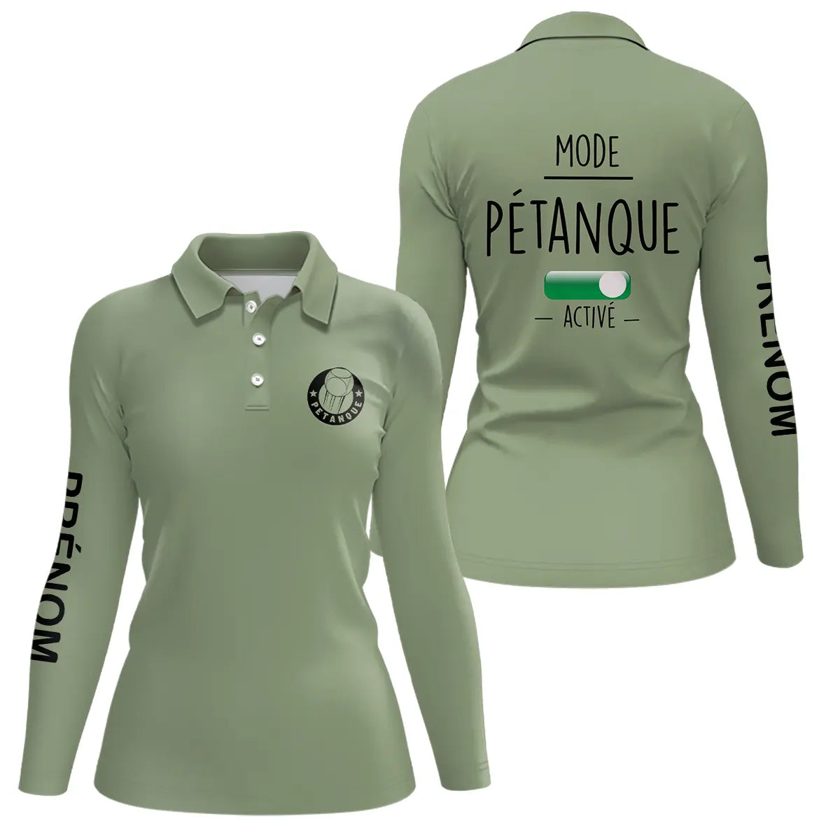 Polo pétanque femme bleu marine vue trois quarts col boutonné personnalisable manche droite