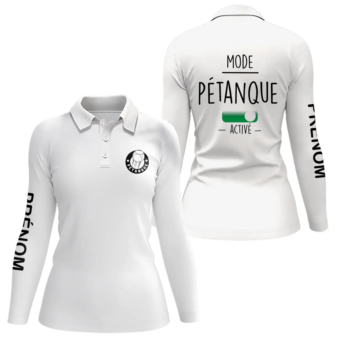 Polo pétanque femme bleu marine détail message Mode Activé interrupteur stylisé position ON