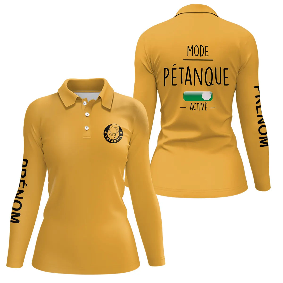 Polo pétanque femme bleu marine vue manche prénom personnalisé sublimation intégrale élégance