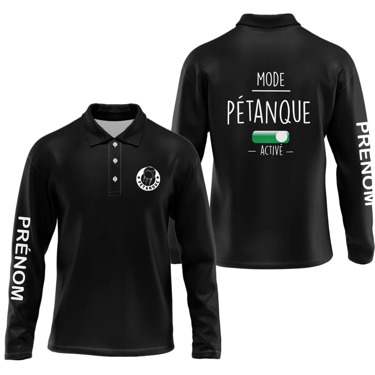 Polo pétanque homme manches longues vert pâle vue avant col boutonné logo bouliste poitrine personnalisé