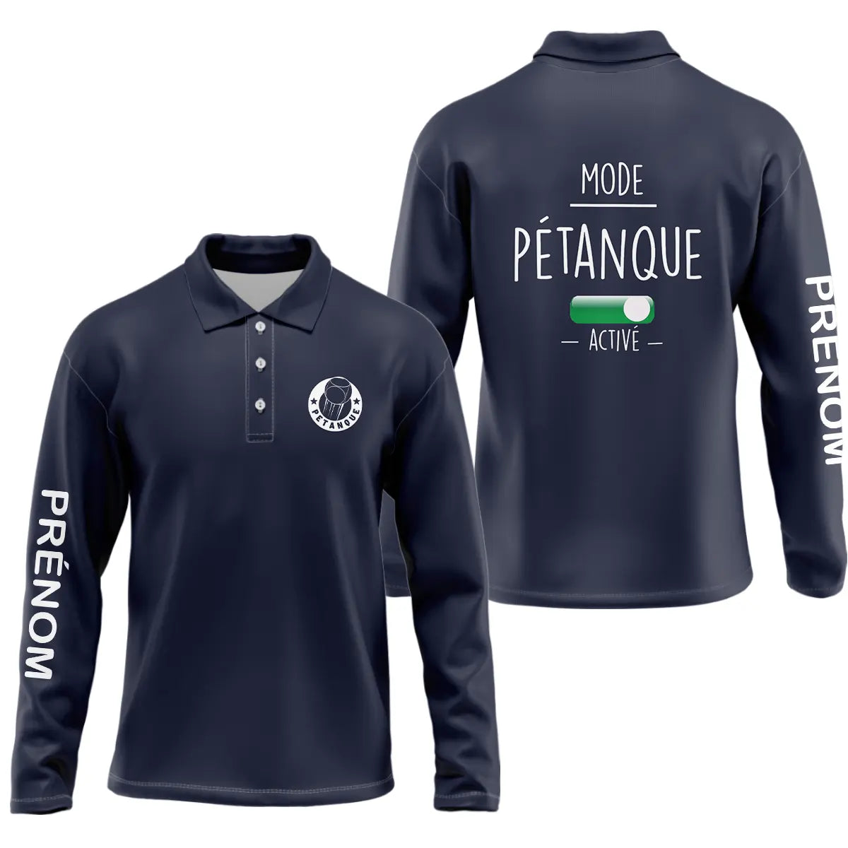 Polo pétanque homme vert pâle vue dos message Mode Pétanque Activé interrupteur stylisé ON