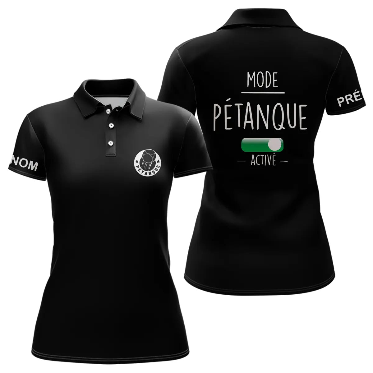Polo pétanque femme bleu marine vue dos message Mode Pétanque Activé interrupteur stylisé ON