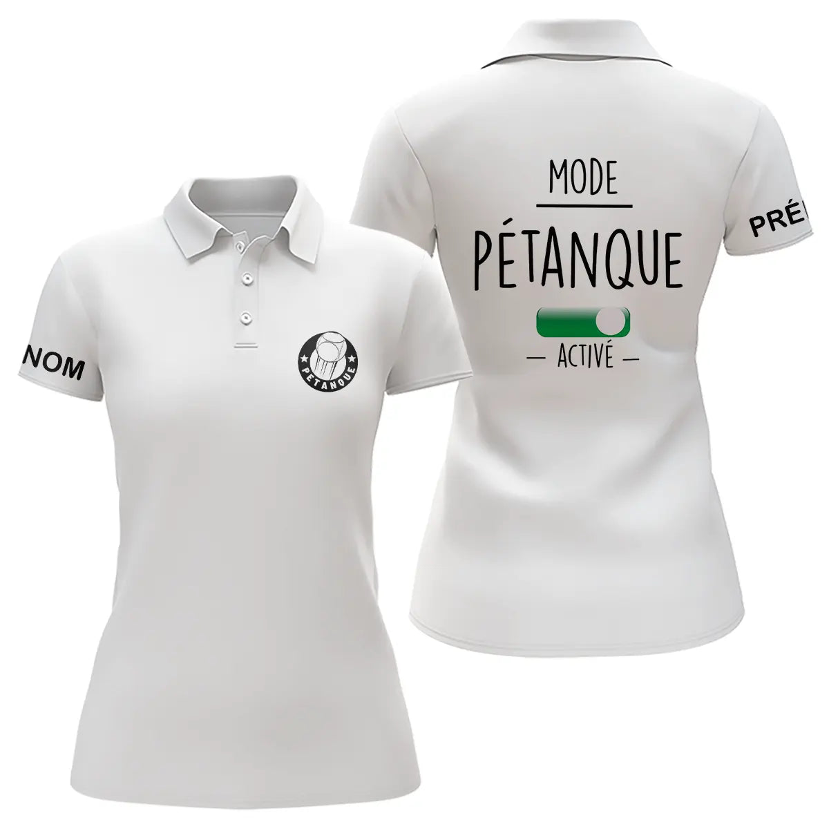 Polo pétanque femme bleu marine variante coloris message mode bouliste interrupteur sportif
