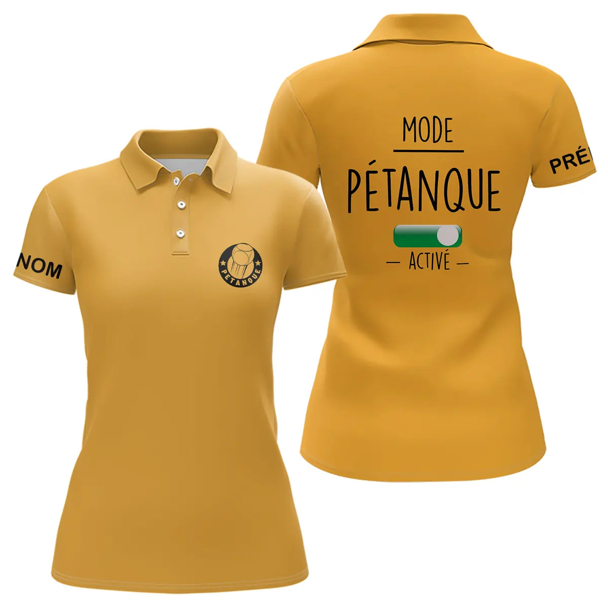 Polo pétanque femme manches courtes bleu marine vue avant col boutonné logo bouliste poitrine personnalisé
