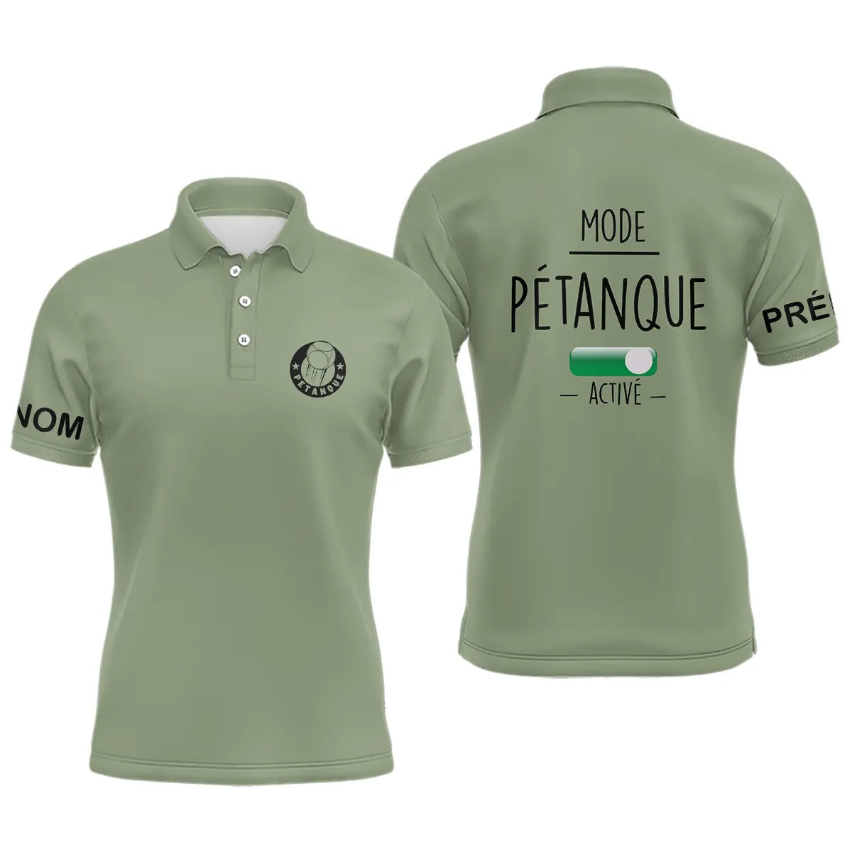 Polo pétanque homme vert pâle vue trois quarts col boutonné personnalisable manche droite