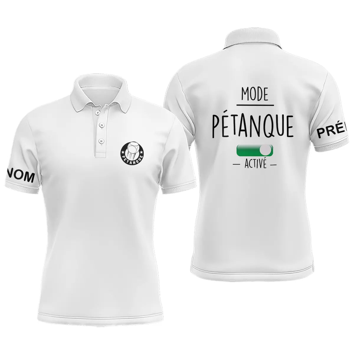 Polo pétanque homme vert pâle détail message Mode Activé interrupteur stylisé position ON