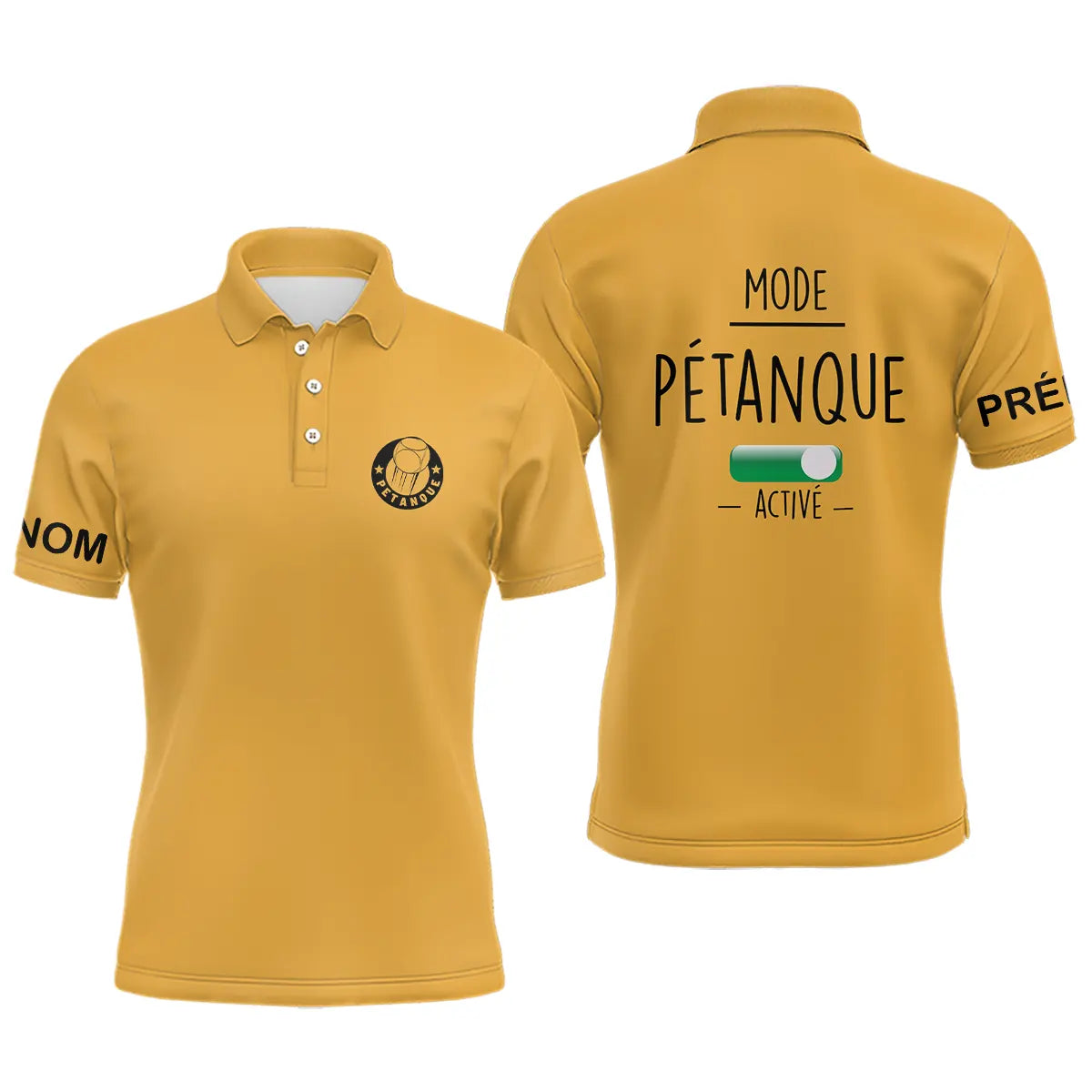 Polo pétanque homme vert pâle vue manche prénom personnalisé sublimation intégrale élégance