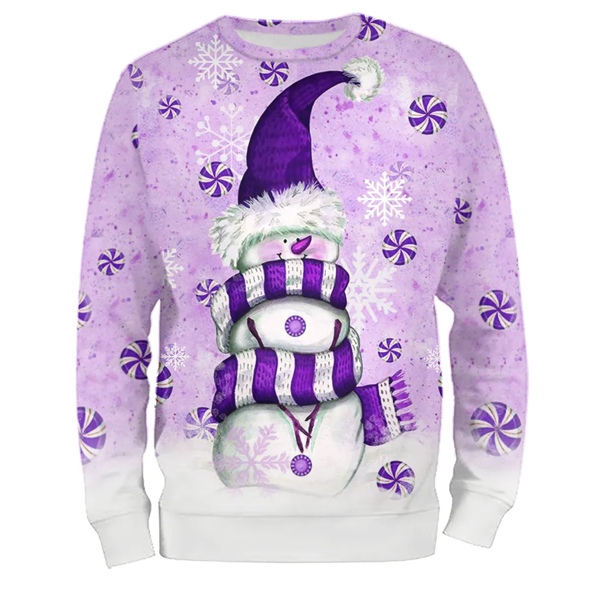 Sweat noël variante avec violet avec bonhomme de neige fantaisie et flocons