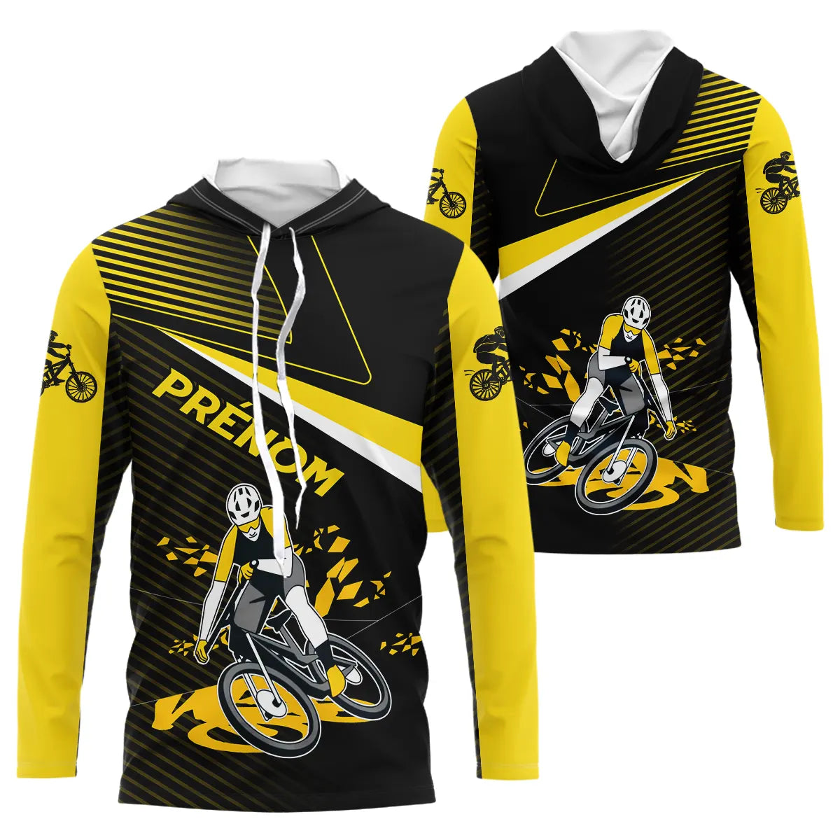 T-shirt cyclisme jaune et noir all-over homme avec cycliste BMX en mouvement, prénom personnalisé