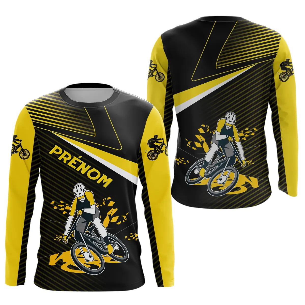 T-shirt cyclisme jaune et noir all-over homme avec cycliste BMX en mouvement, prénom personnalisé