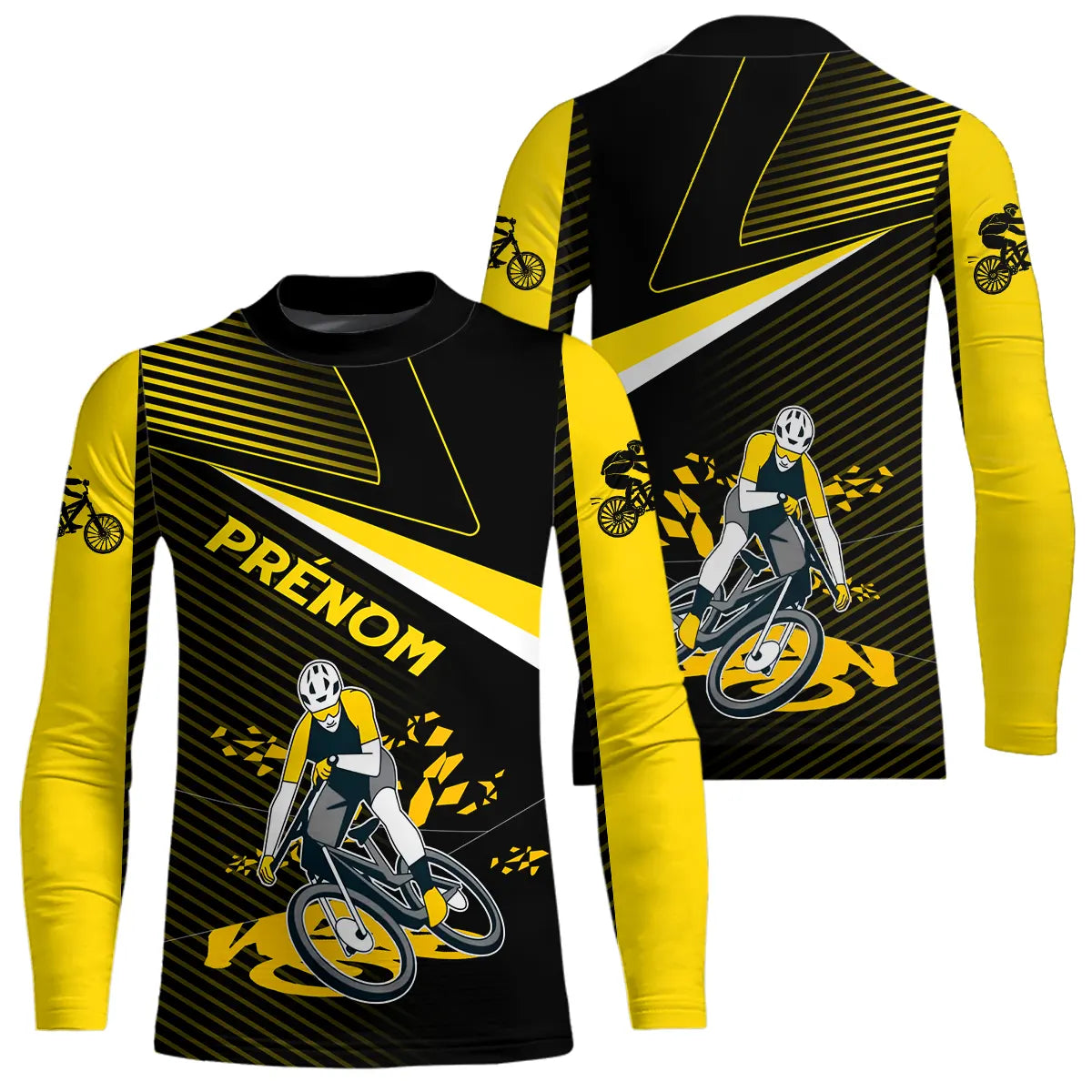 T-shirt cyclisme jaune et noir all-over homme avec cycliste BMX en mouvement, prénom personnalisé