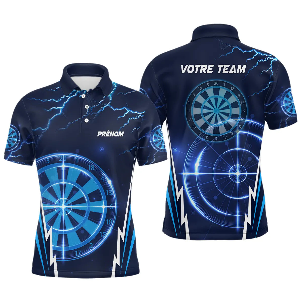 Polo fléchettes bleu marine homme avec éclairs et cibles Électrique Vision futuriste, prénom et équipe personnalisés