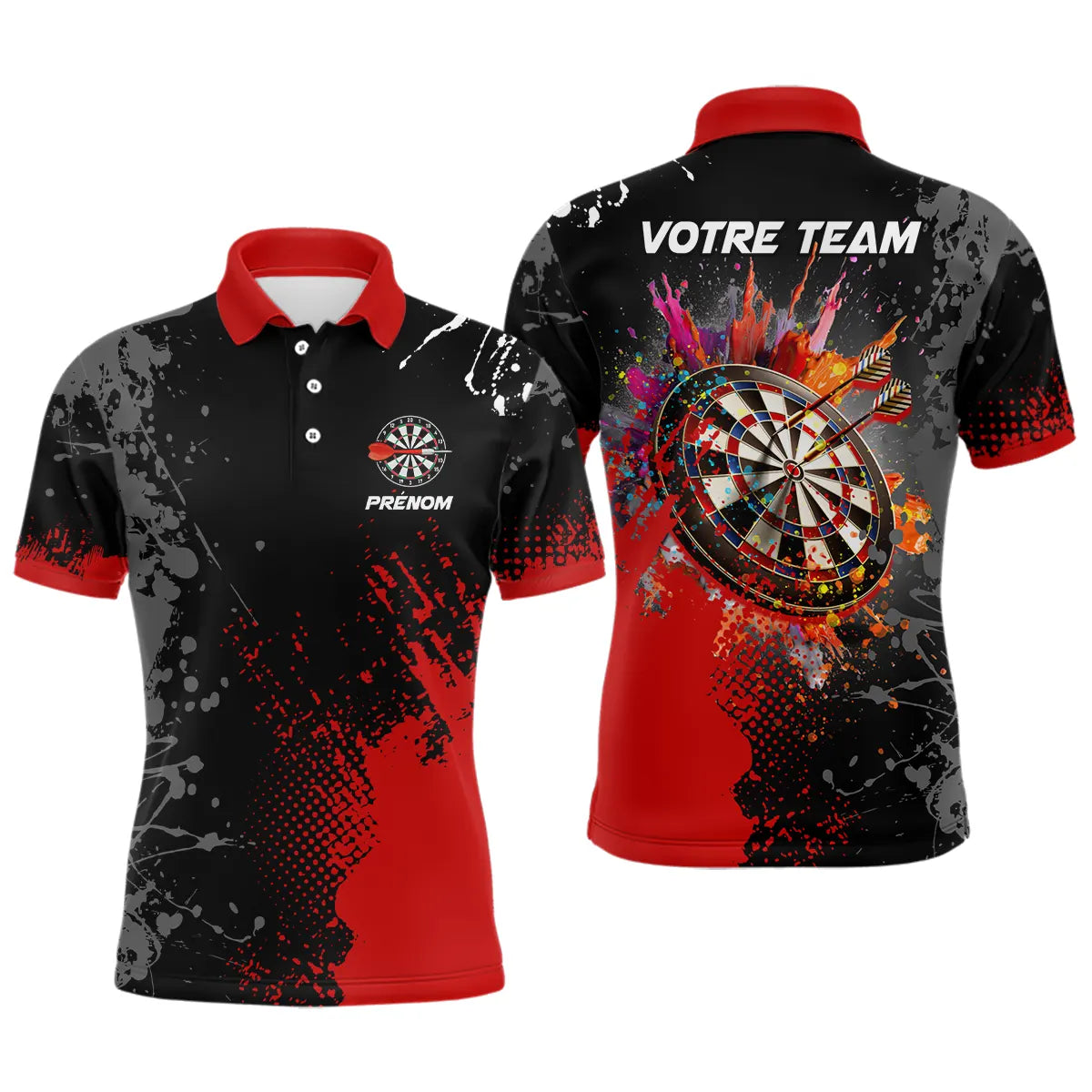 Polo fléchettes rouge et noir homme avec cibles et splash explosion VOTRE TEAM, prénom personnalisé