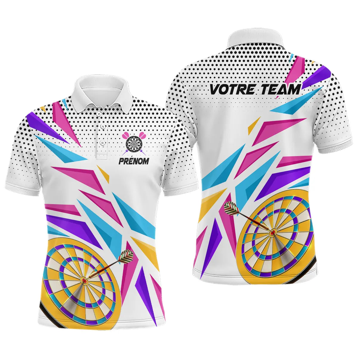 Maillot fléchettes blanc multicolore homme avec cibles et fléchettes dynamiques, prénom et équipe personnalisés
