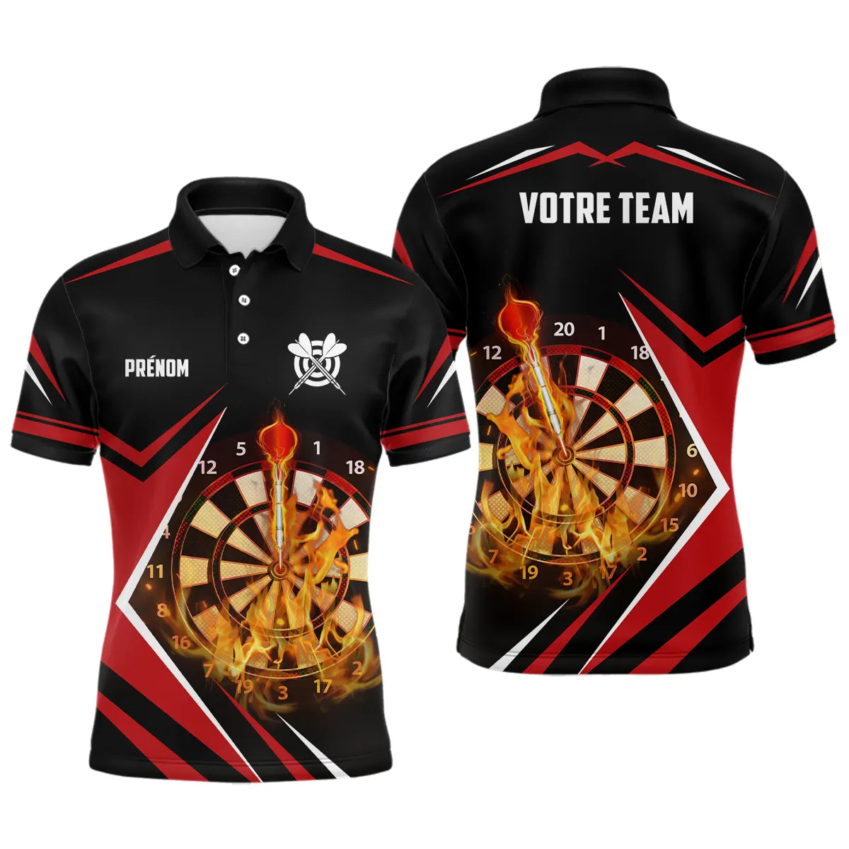 Polo fléchettes rouge et noir homme avec cibles enflammées et fléchettes Flammes Dart, prénom et équipe personnalisés