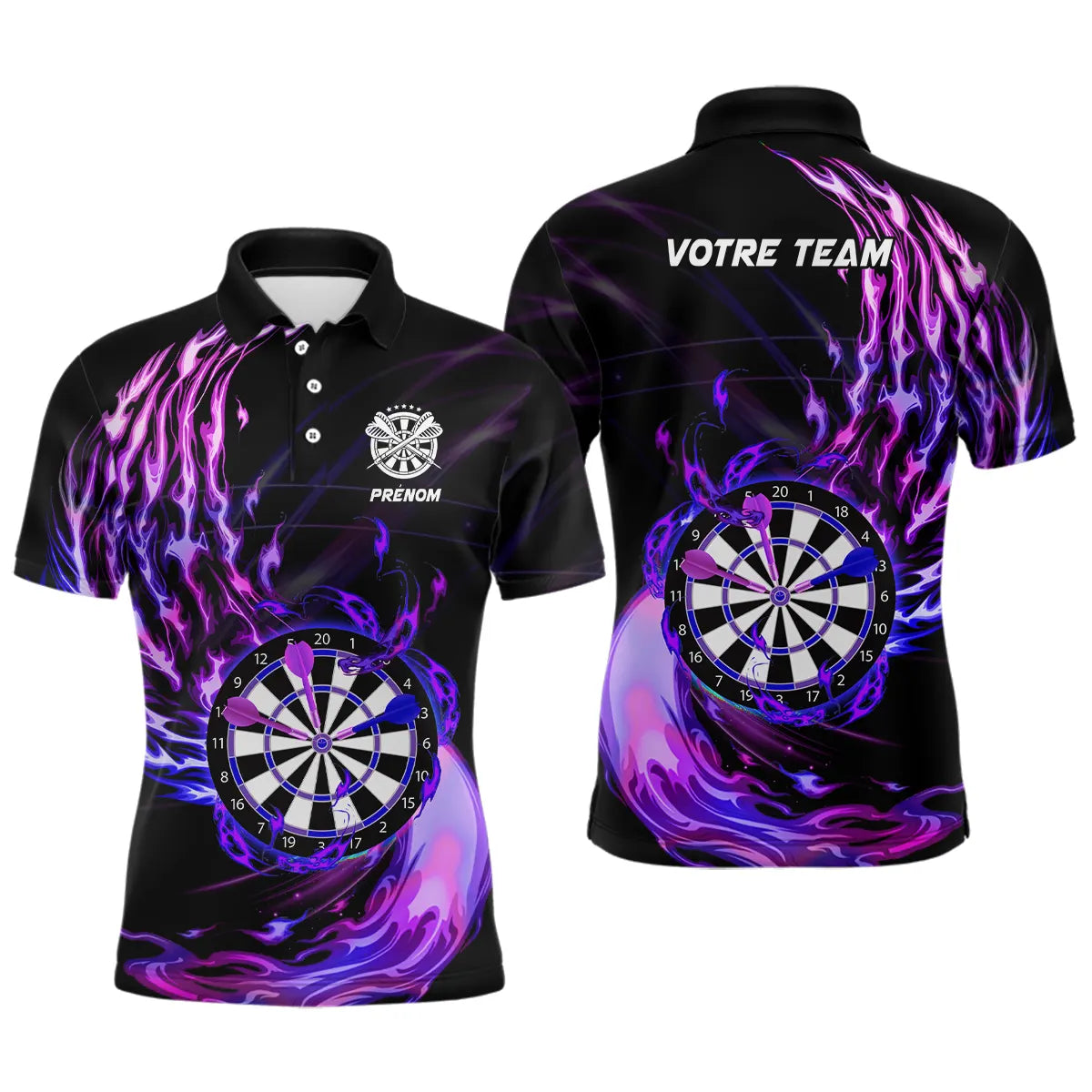 Polo fléchettes violet pourpre homme avec cibles et flammes Flammes Pourpres, prénom et équipe personnalisés