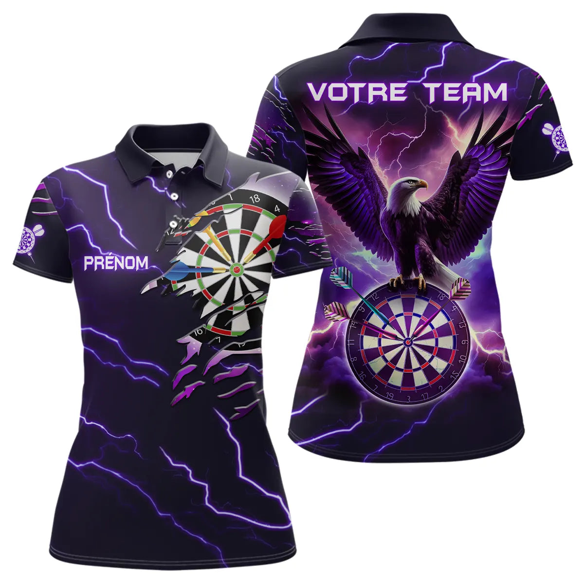 Polo fléchettes violet foncé homme avec aigle, foudre éclair et cibles Éclair Aigle, prénom et équipe personnalisés