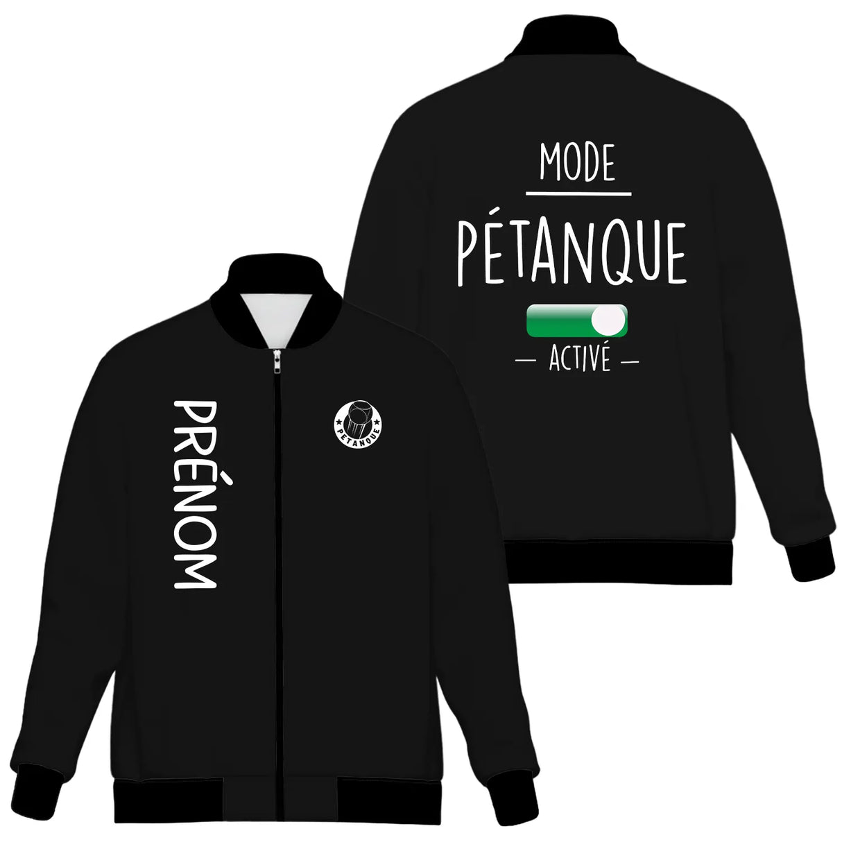 Veste pétanque bomber bleu marine vue avant fermeture éclair PRÉNOM manche logo torse personnalisable