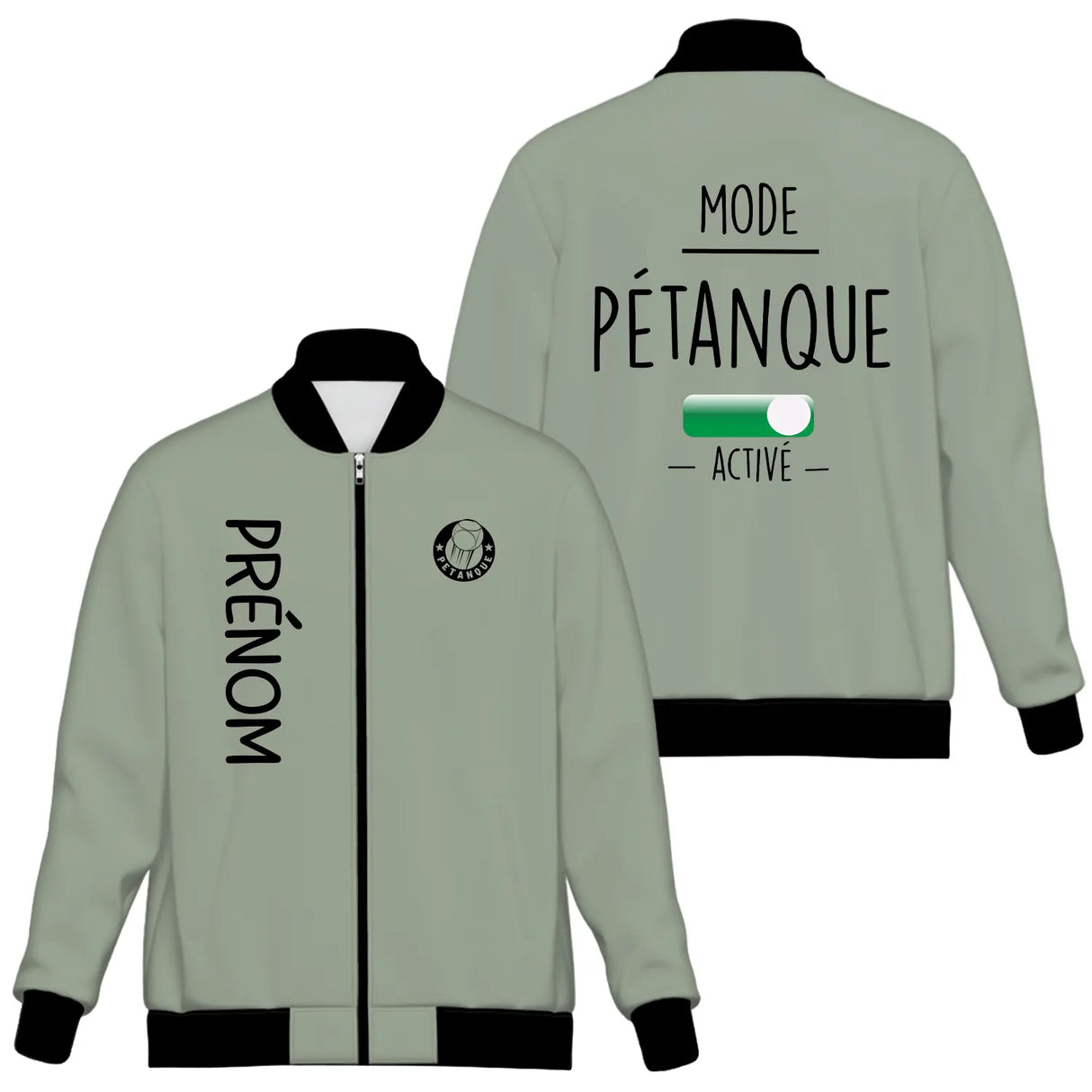 Veste pétanque bomber bleu marine vue dos message Mode Pétanque Activé interrupteur stylisé ON