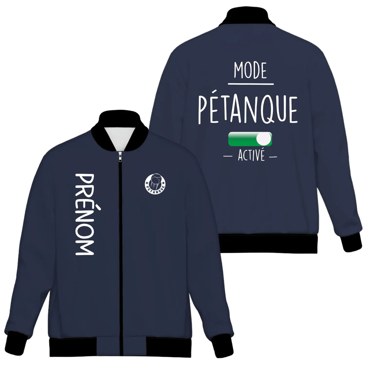 Veste pétanque bomber bleu marine message Mode Pétanque Activé interrupteur ON logo bouliste central PRÉNOM