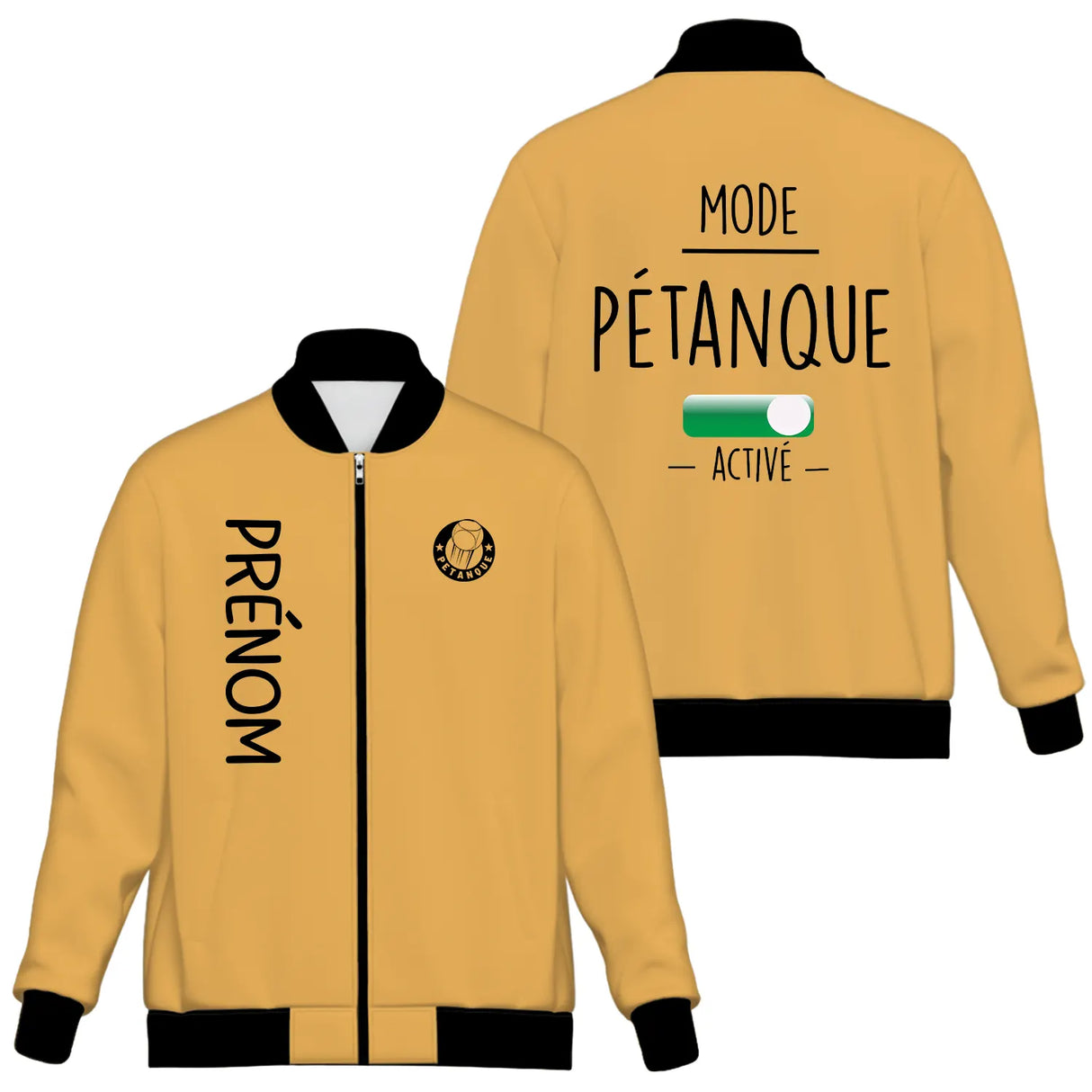Veste pétanque bomber bleu marine vue manche prénom personnalisé logo association sport mode activé