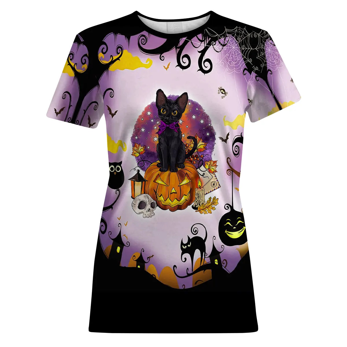 T-shirt Halloween violet unisexe avec chat noir mignon sur citrouille et maisons hantées