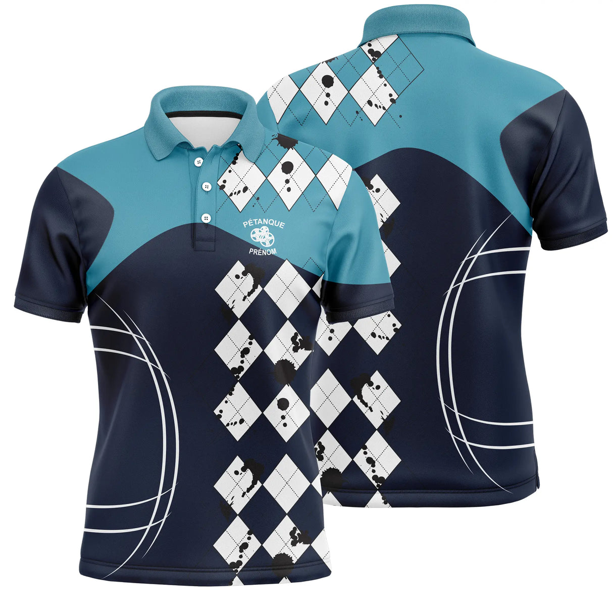 Polo pétanque homme bleu marine turquoise losanges blancs Performance manche prénom logo torse personnalisé