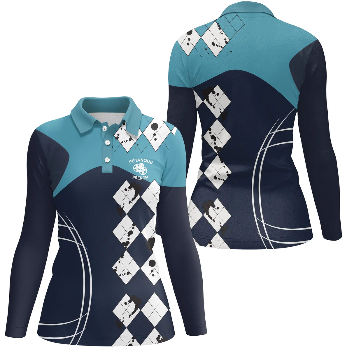 Polo pétanque manches longues femme bleu marine turquoise Performance manche prénom logo personnalisé