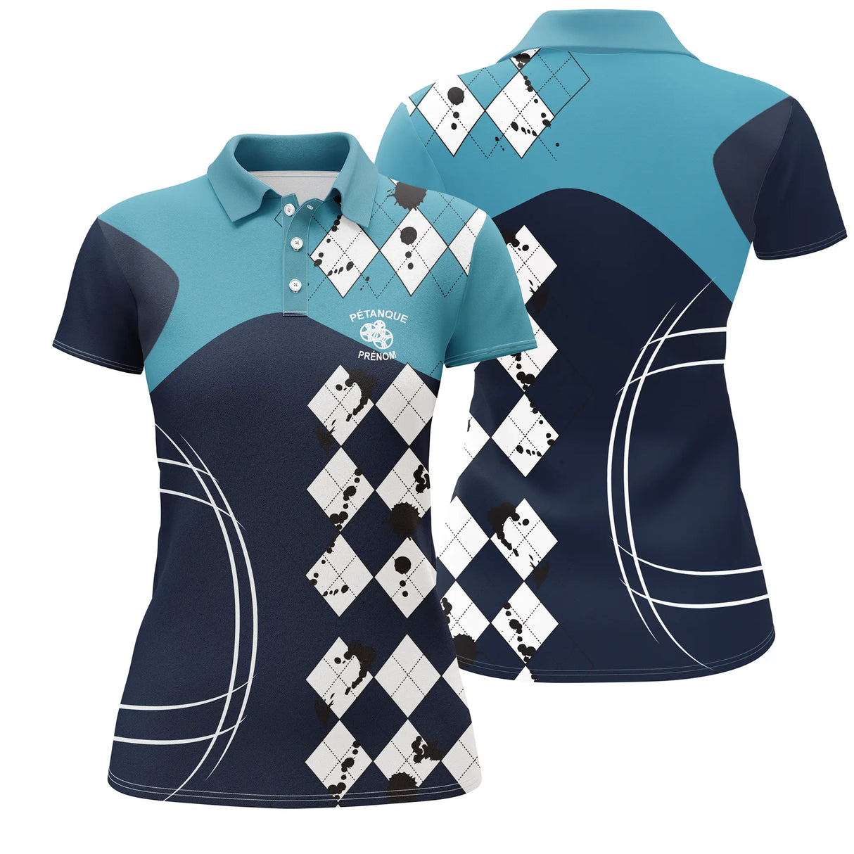 Polo pétanque femme bleu marine turquoise losanges blancs Performance manche prénom logo torse personnalisé