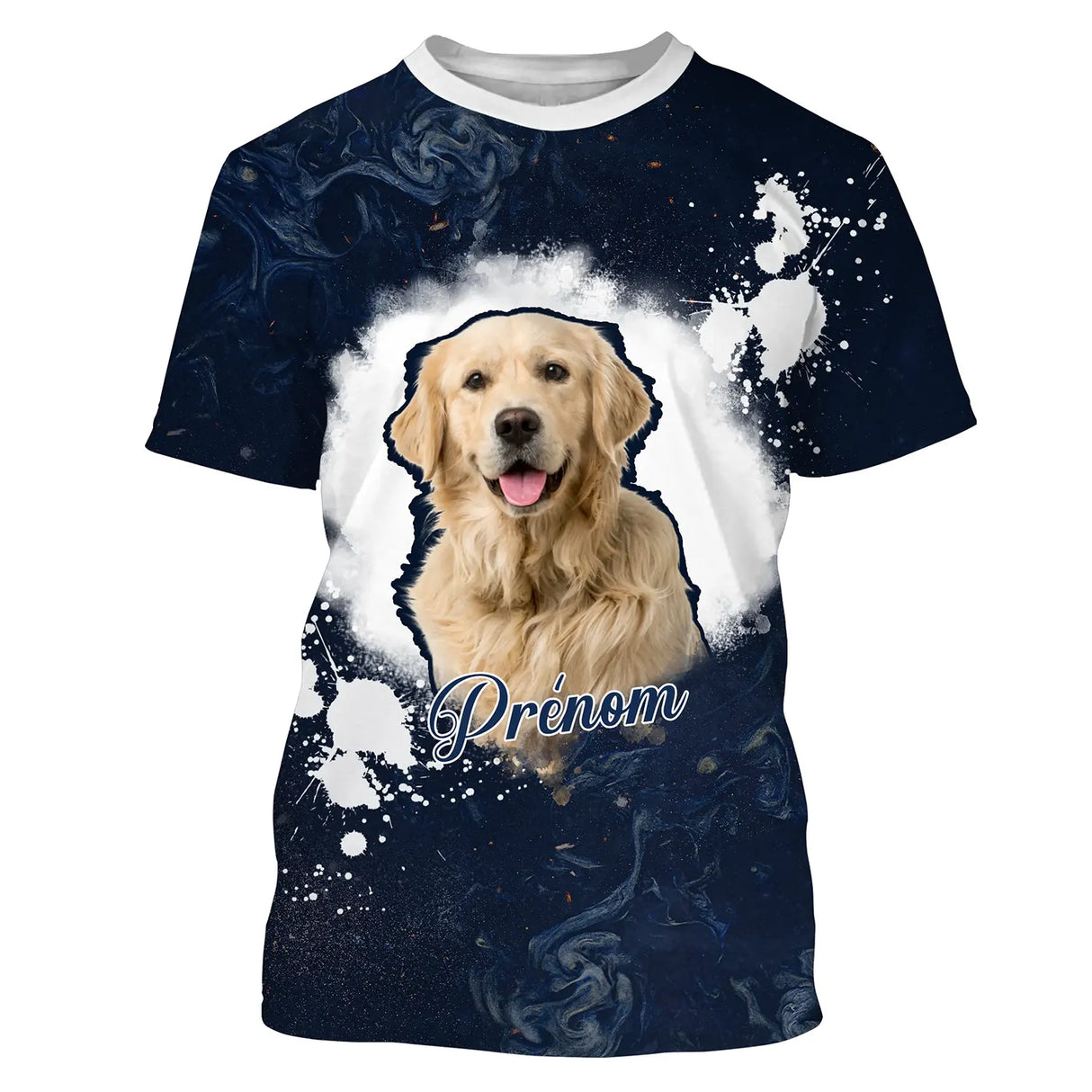 T-shirt Golden Retriever bleu marine unisexe, design photoréaliste personnalisable photo soyeux