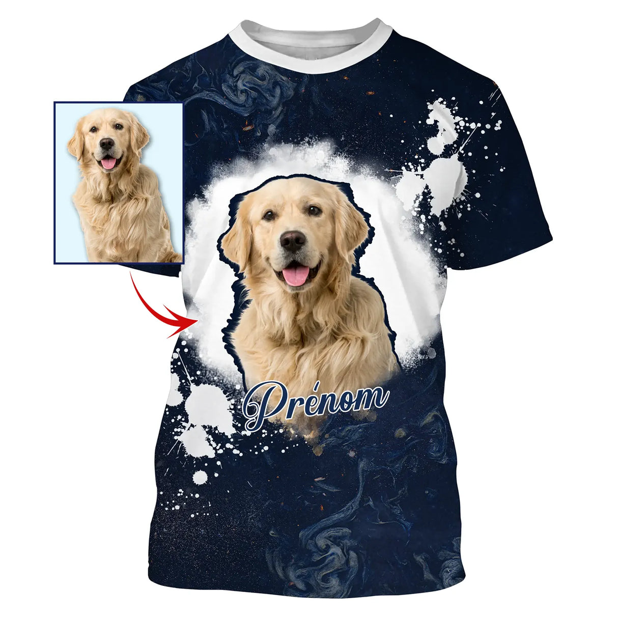 T-shirt chien Golden Retriever bleu marine 3D avec portrait photoréaliste de Golden roux et galaxie, photo et prénom