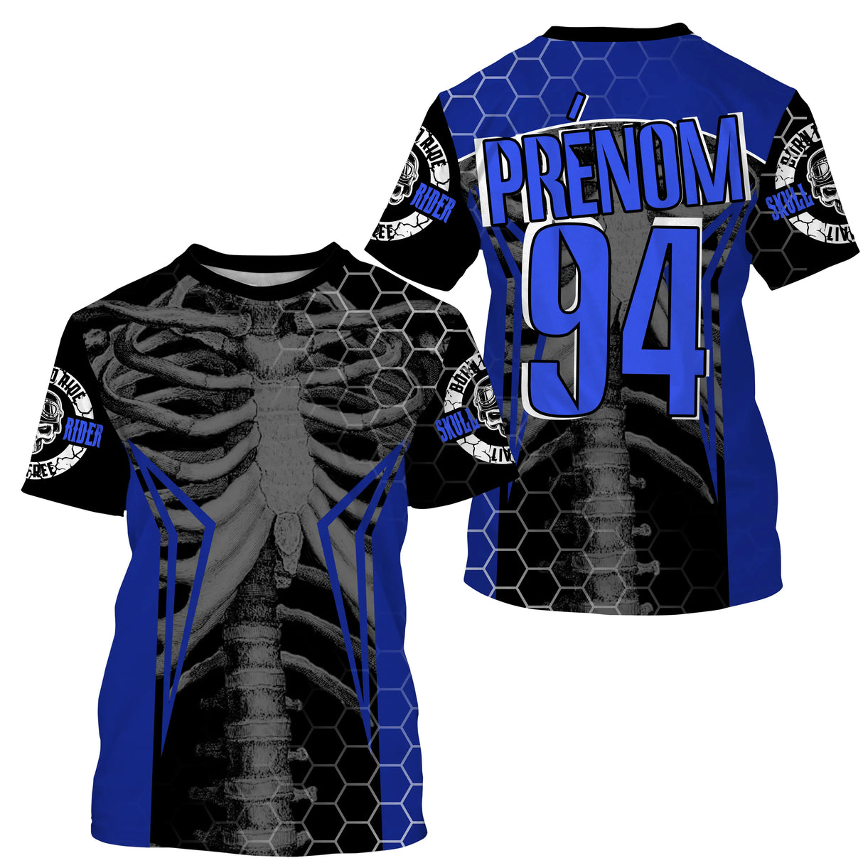 Maillot motocross bleu noir avec cage thoracique squelette et motif hexagonal, prénom numéro 94 imprimés