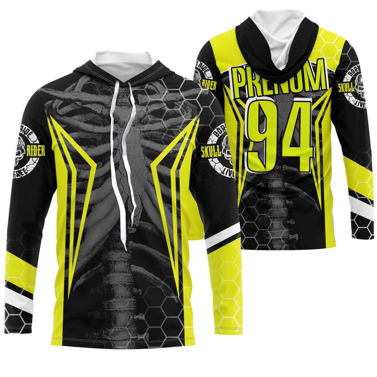 Anti-UV à capuche motocross jaune squelette anatomique, design rock personnalisé pour pilote
