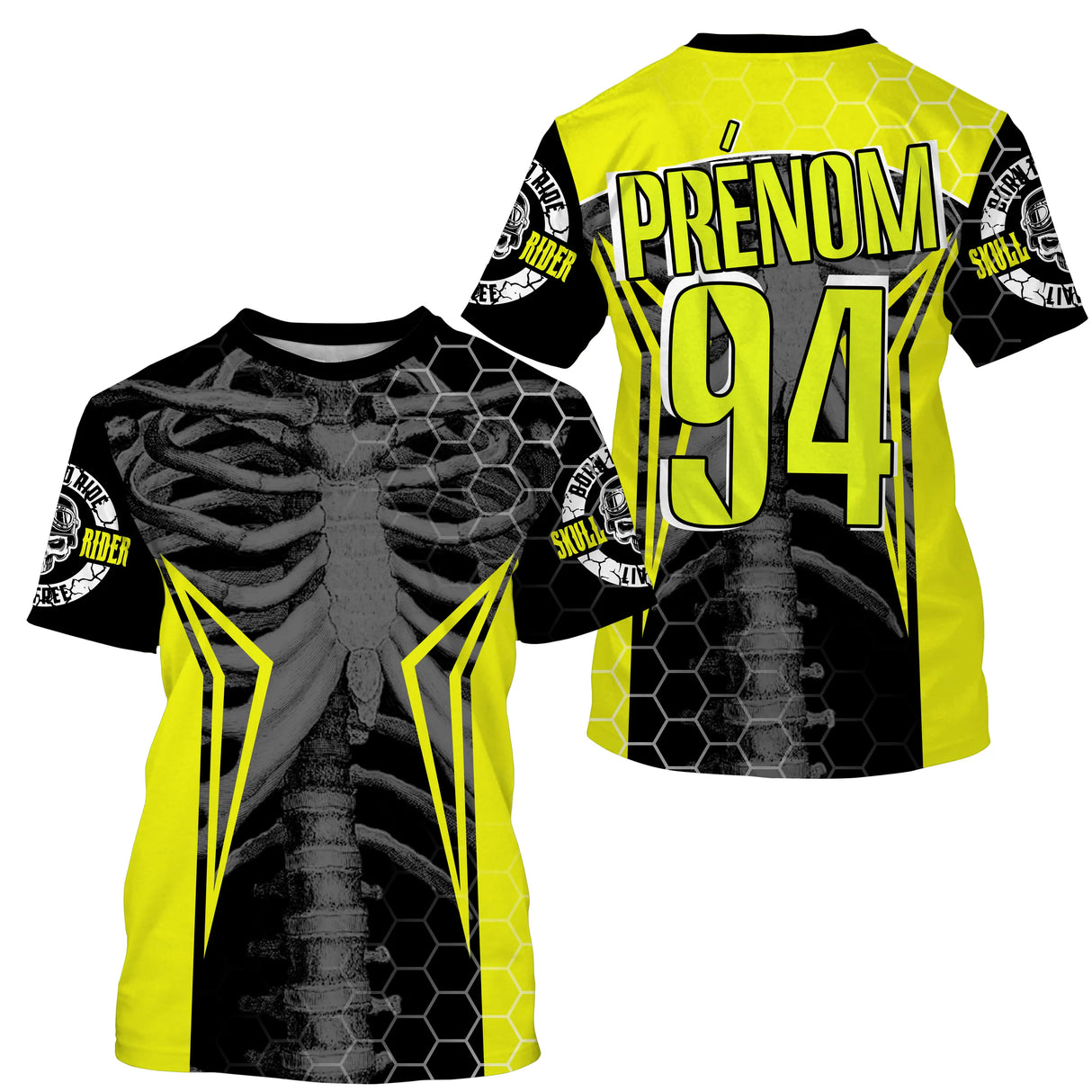 Maillot motocross jaune fluo noir avec cage thoracique squelette et motif hexagonal, prénom numéro 94 imprimés
