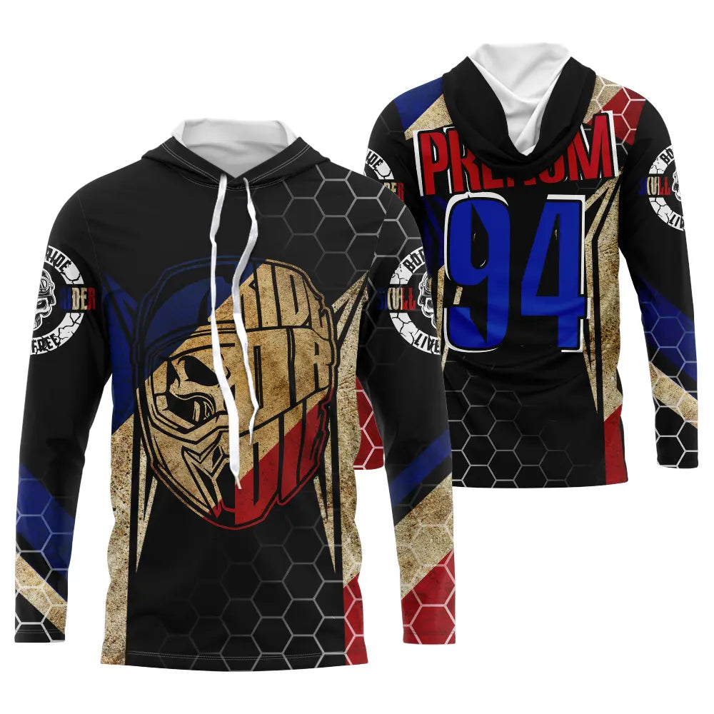 Anti-UV à capuche motocross France crâne tricolore, design rock dirt bike personnalisé