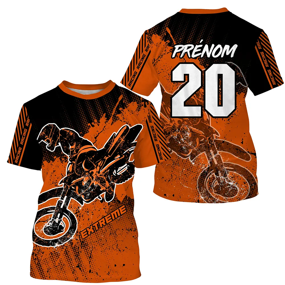 Maillot motocross orange Extreme avec motard MX en course et éclats dynamiques, prénom numéro 20 imprimés