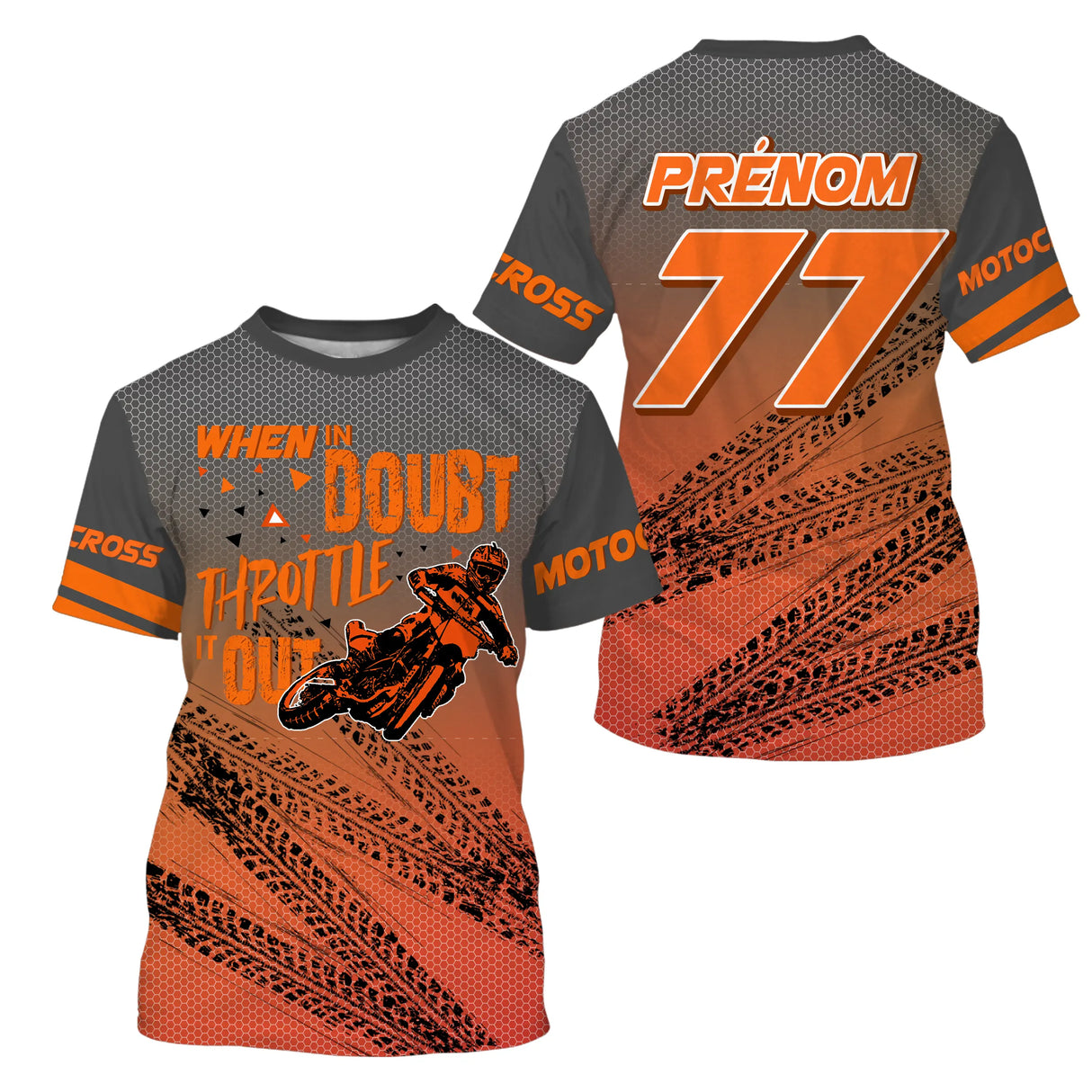 Anti-UV à capuche maillot motocross orange noir, lettrage Motocross slogan throttle et numéro de course personnalisé